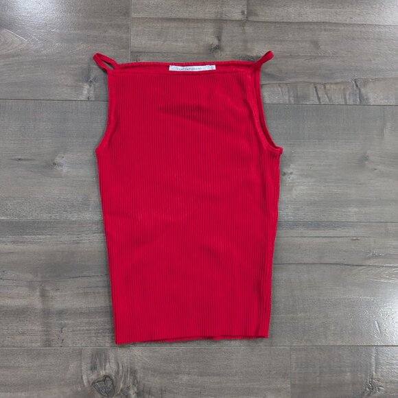 Red Tank Top with 90s Style Square Halter Neck with Spaghetti Straps - Picture 3 of 6